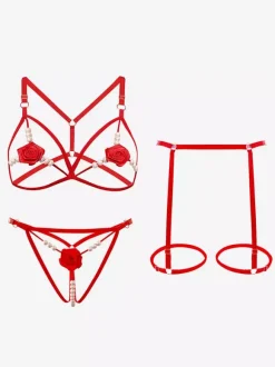 Lingerie Fendue Ensemble soutien-gorge et culotte à fleurs rouges 3 pièces avec bonnets ouverts Lingerie sexy