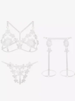 Lingerie Fendue Ensemble soutien-gorge et culotte à bonnets ouverts lingerie sexy en dentelle blanche cloutée 3 pièces
