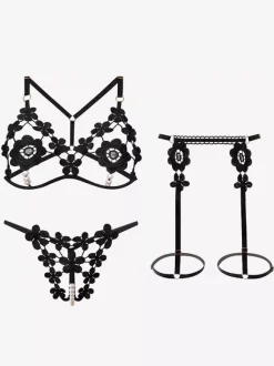 Lingerie Fendue Ensemble soutien-gorge et culotte à bonnets ouverts lingerie sexy en dentelle blanche cloutée 3 pièces