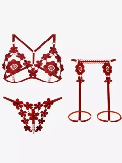 Lingerie Fendue Ensemble soutien-gorge et culotte à bonnets ouverts lingerie sexy en dentelle blanche cloutée 3 pièces