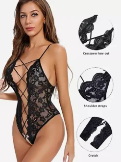 Lingerie Fendue Lingerie en dentelle noire dos nu et entrejambe ouvert pour femme
