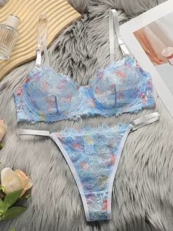 Lingerie Fleurie Ensemble Chic Bleu Soutien-Gorge Et String 2 Pièces Dos En T