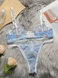 Lingerie Fleurie Ensemble Chic Bleu Soutien-Gorge Et String 2 Pièces Dos En T