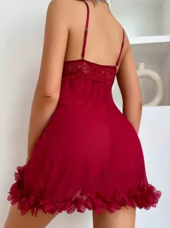 Lingerie Robe à Bretelle Nuisettes sexy en dentelle transparente rouge sexy volant