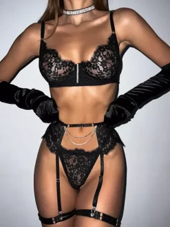 Lingerie Soutiens-Gorge Sous-Vêtement Pour Femme Noir Strass 3 Pièces