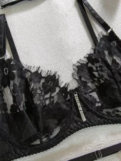 Lingerie Soutiens-Gorge Sous-Vêtement Pour Femme Noir Strass 3 Pièces