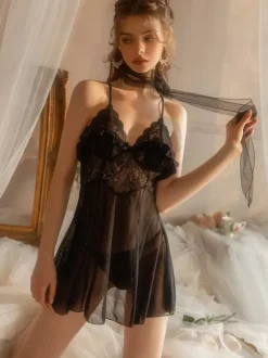 Lingerie transparente sans coutures nuisettes sexy en dentelle noire