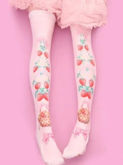 Lolita Bas doux fraise rose Velvet Imprimé 2026 Lolita Chaussettes à genou Déguisements Halloween