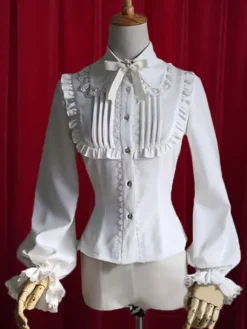 Lolita blanc Blouse Bow coton froncé chemisier pour femmes Déguisements Halloween