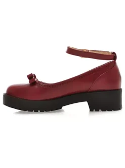 Lolita Chaussures Bourgogne Bows bout rond Synthétique cuir avec boucle cheville Chaussures Lolita pompe Déguisements Halloween