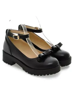 Lolita Chaussures Bourgogne Bows bout rond Synthétique cuir avec boucle cheville Chaussures Lolita pompe Déguisements Halloween