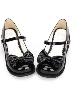 Lolita Chaussures Douces Noires Talon Bas Lacet Avec Noeud Bout Rond