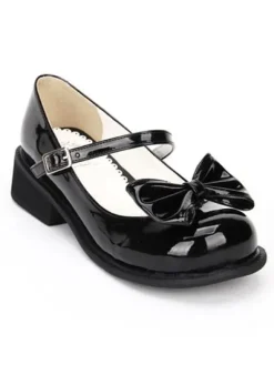Lolita Chaussures Douces Noires Talon Bas Lacet Avec Noeud Bout Rond