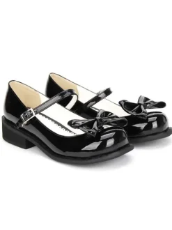 Lolita Chaussures Douces Noires Talon Bas Lacet Avec Noeud Bout Rond
