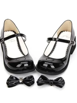 Lolita Chaussures Douces Noires Talon Bas Lacet Avec Noeud Bout Rond