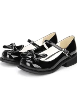 Lolita Chaussures Douces Noires Talon Bas Lacet Avec Noeud Bout Rond
