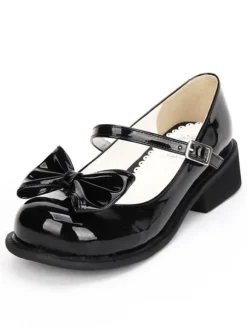 Lolita Chaussures Douces Noires Talon Bas Lacet Avec Noeud Bout Rond