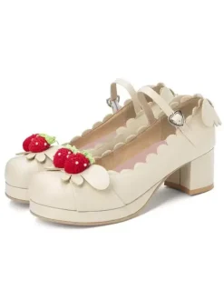 Lolita Chaussures Douces Rose Déco Fraise Talon Haut Carré Simple Mignon