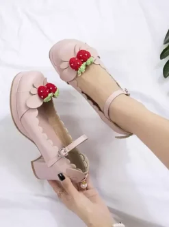 Lolita Chaussures Douces Rose Déco Fraise Talon Haut Carré Simple Mignon