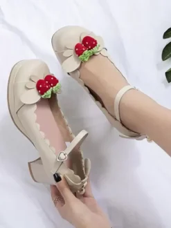 Lolita Chaussures Douces Rose Déco Fraise Talon Haut Carré Simple Mignon