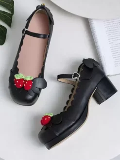 Lolita Chaussures Douces Rose Déco Fraise Talon Haut Carré Simple Mignon
