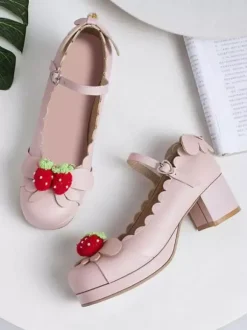 Lolita Chaussures Douces Rose Déco Fraise Talon Haut Carré Simple Mignon