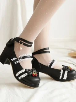 Lolita Chaussures Douces Rose Déco Dentelle et Fraise Talon Haut