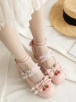 Lolita Chaussures Douces Rose Déco Dentelle et Fraise Talon Haut