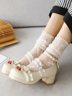 Lolita Chaussures Douces Rose Déco Dentelle et Fraise Talon Haut