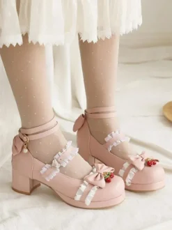 Lolita Chaussures Douces Rose Déco Dentelle et Fraise Talon Haut