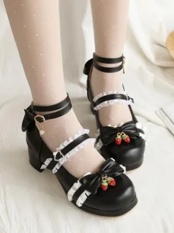 Lolita Chaussures Douces Rose Déco Dentelle et Fraise Talon Haut