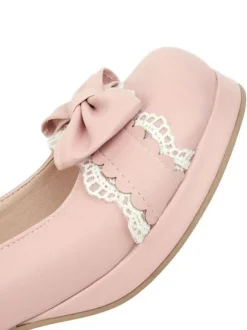 Lolita Chaussures Mignonne Noires Bout Rond En Dentelle Blanche N艙ud Lacet