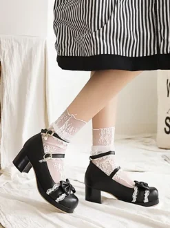 Lolita Chaussures Mignonne Noires Bout Rond En Dentelle Blanche N艙ud Lacet