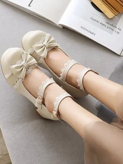 Lolita Chaussures Mignonne Noires Bout Rond En Dentelle Blanche N艙ud Lacet
