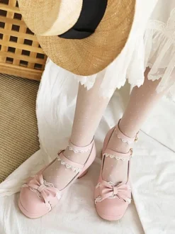 Lolita Chaussures Mignonne Noires Bout Rond En Dentelle Blanche N艙ud Lacet