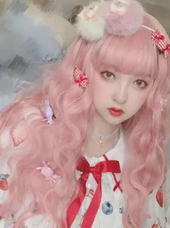 Lolita doux de longues perruques résistant à la chaleur Fibre Rose clair Lolita perruques de cheveux Déguisements Halloween