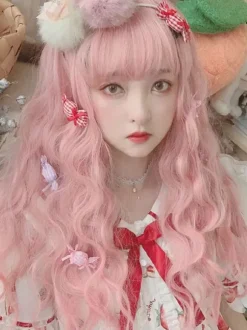 Lolita doux de longues perruques résistant à la chaleur Fibre Rose clair Lolita perruques de cheveux Déguisements Halloween