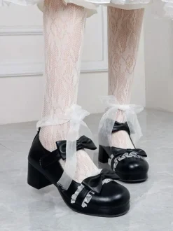 Lolita Footwear Bout rond noir en cuir PU à lacets Sweet Lolita Pumps