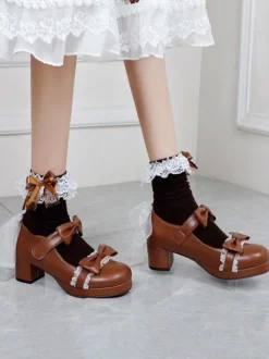 Lolita Footwear Bout rond noir en cuir PU à lacets Sweet Lolita Pumps