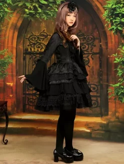 Lolita Robe Gothique noir à 1 pièce 2026 Longue Manches Hime à lacet Couches dentelle Déguisements