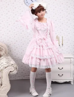 Lolita rose OP robe Hime longues manches dentelle blanche garniture arcs Déguisements Halloween