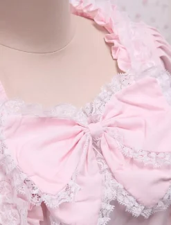 Lolita rose OP robe Hime longues manches dentelle blanche garniture arcs Déguisements Halloween