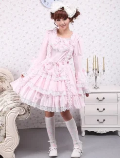 Lolita rose OP robe Hime longues manches dentelle blanche garniture arcs Déguisements Halloween