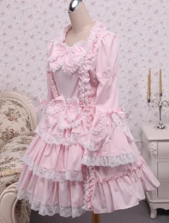 Lolita rose OP robe Hime longues manches dentelle blanche garniture arcs Déguisements Halloween