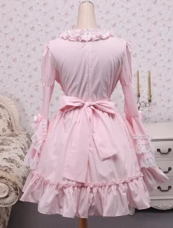 Lolita rose OP robe Hime longues manches dentelle blanche garniture arcs Déguisements Halloween