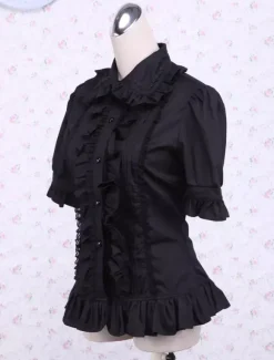 Lolita Blouse Pure coton noir 2026 Manches courtes volants Col à revers Déguisements Halloween