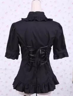 Lolita Blouse Pure coton noir 2026 Manches courtes volants Col à revers Déguisements Halloween