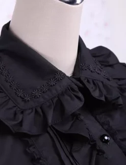 Lolita Blouse Pure coton noir 2026 Manches courtes volants Col à revers Déguisements Halloween