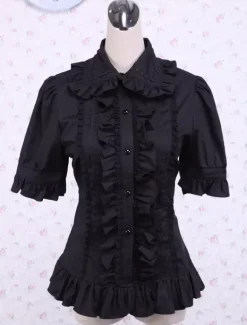 Lolita Blouse Pure coton noir 2026 Manches courtes volants Col à revers Déguisements Halloween