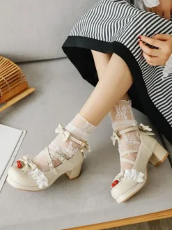 Lolita Chaussures Douces Déco Fraise et Mousseline Noeds Quoditien Talon Bas